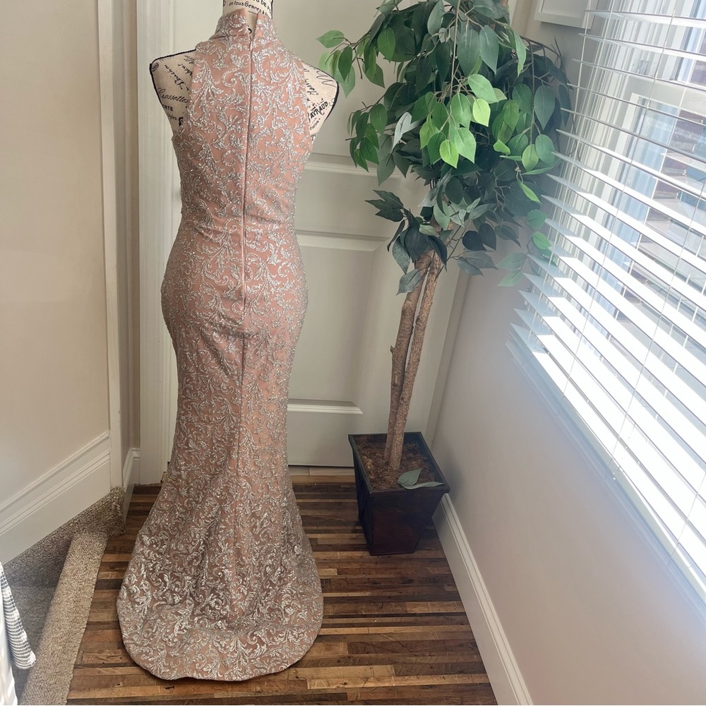 Portia & Scarlett Embellished High-Neck Halter Mermaid Gown Pink Silver Sz S - Picture 11 of 16